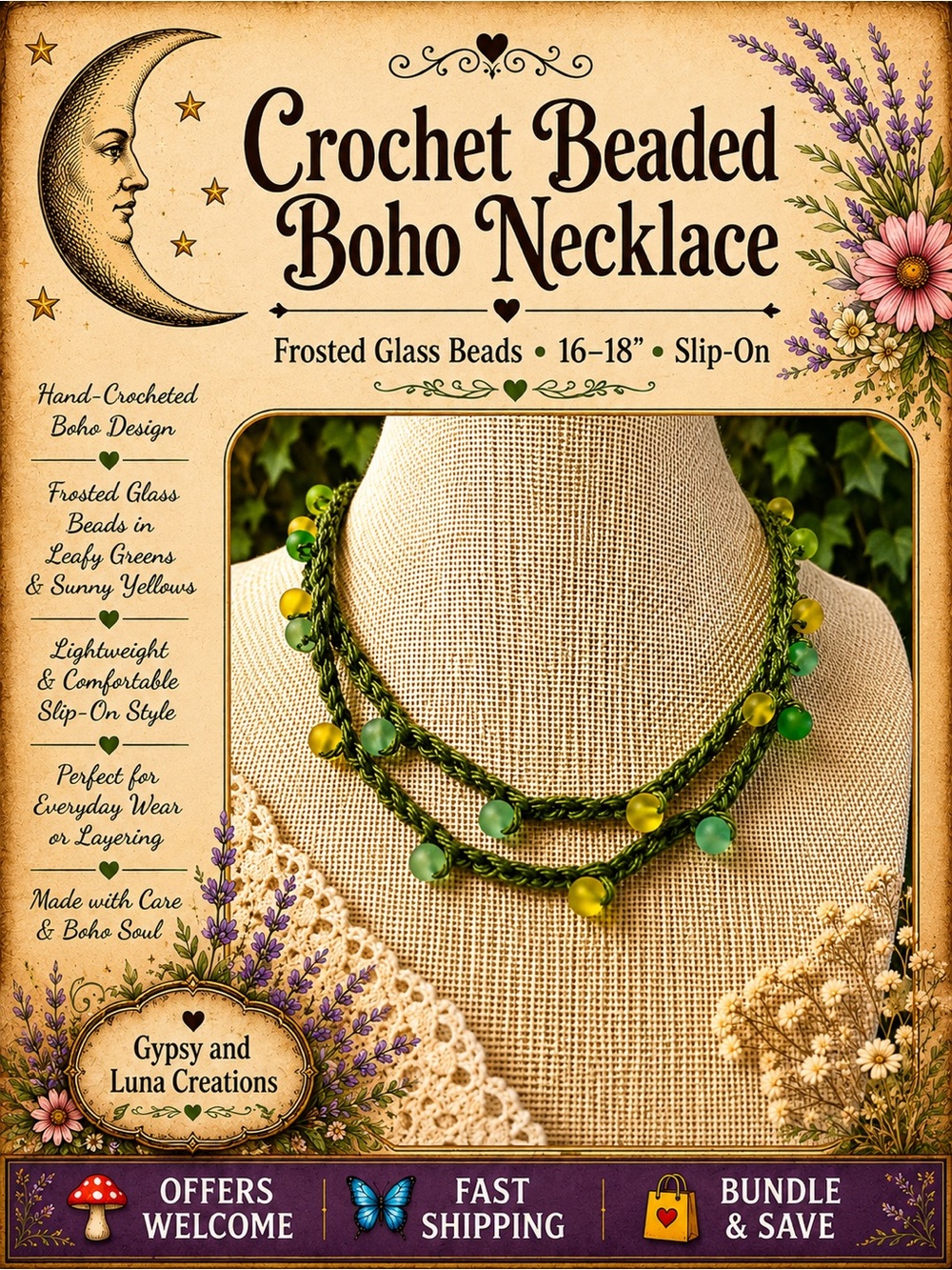 Handmade Crochet Necklace Frosted Green Yellow Glass Beads Boho 16–18”